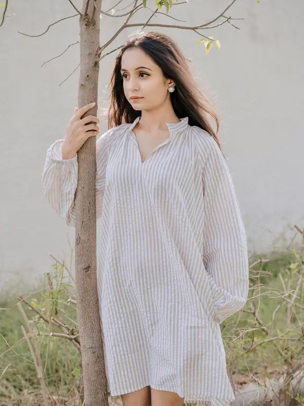 Sand A-line stripe Dress - Image 2
